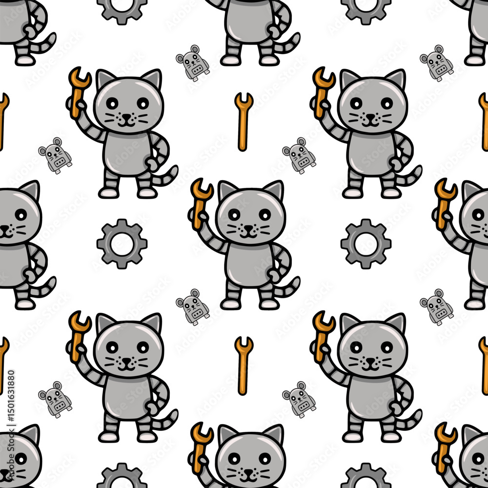 Poster seamless vector pattern featuring cute robotic cats holding wrenches, accompanied by tiny robot mice