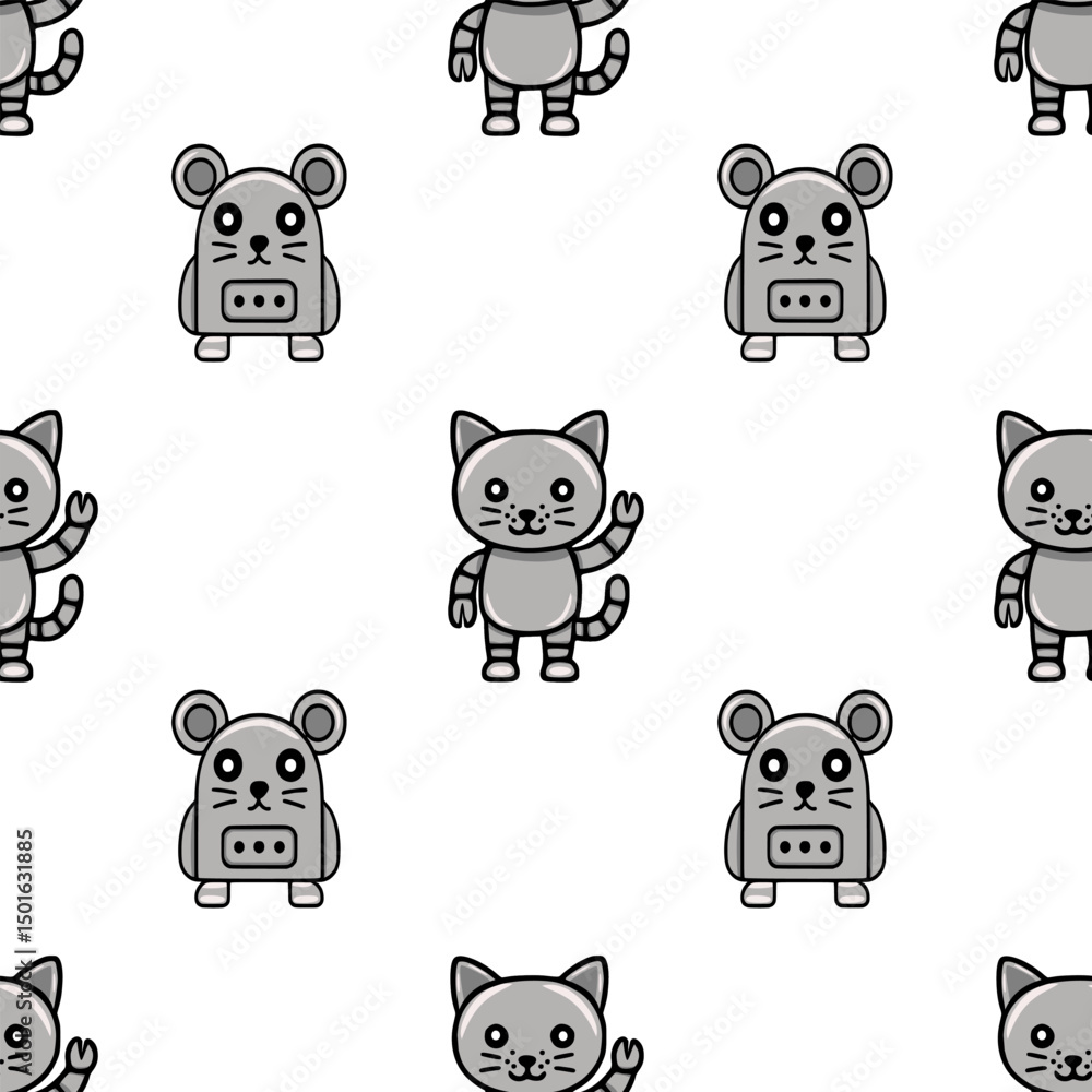Aufkleber seamless vector pattern featuring adorable robotic cat and mouse characters in grayscale, perfect fo