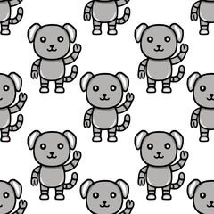 Seamless vector pattern featuring adorable robotic dog characters waving, rendered in grayscale with a playful, cartoonish style.