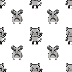 Seamless vector pattern featuring adorable robotic cat and mouse characters in grayscale, perfect for kids textile, wallpaper, or playful branding.