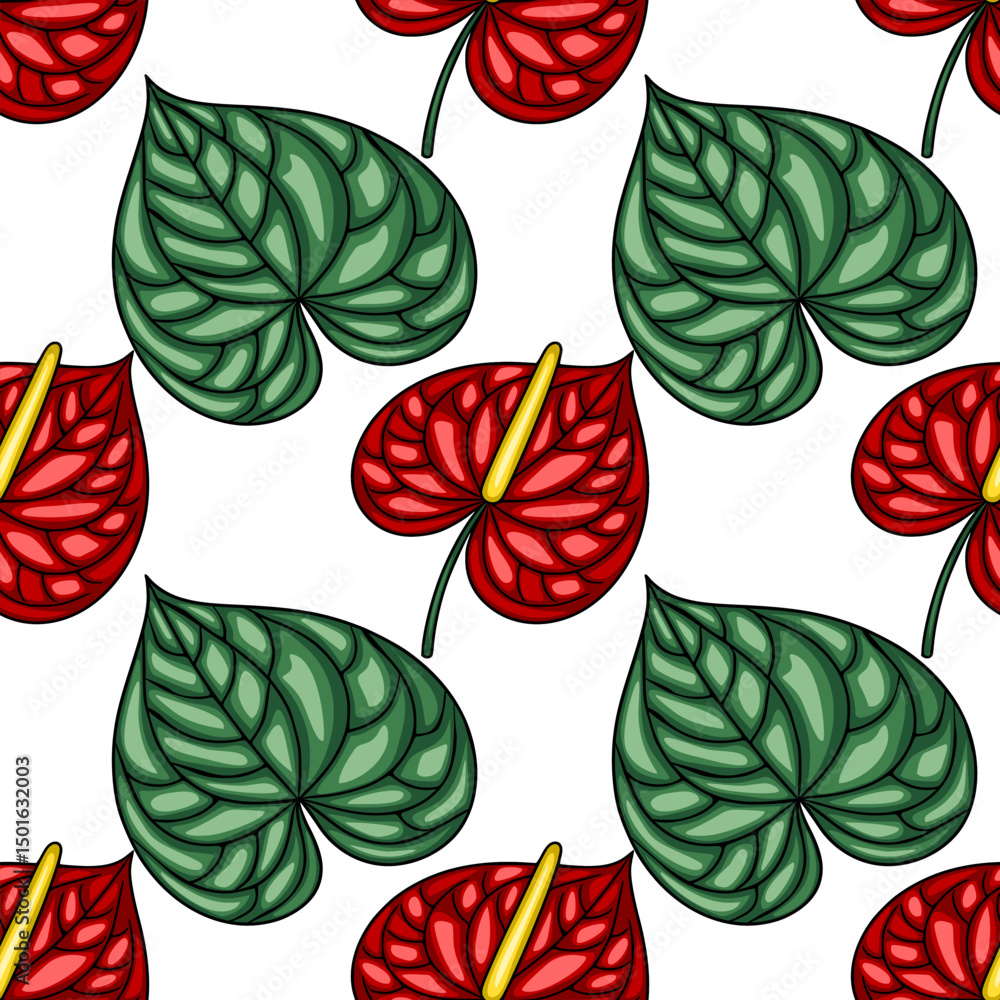 Poster seamless vector pattern of stylized anthurium flowers and leaves in red and green, creating a vibran
