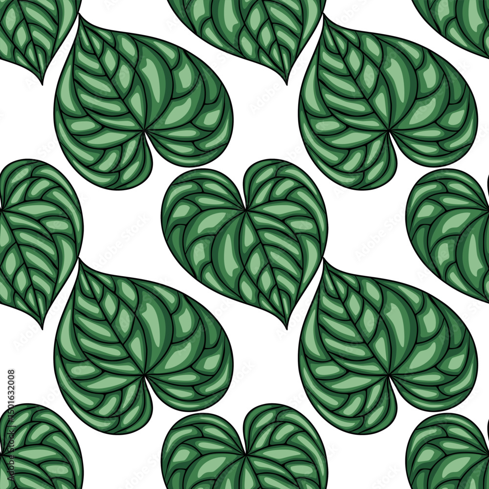 Poster seamless vector pattern of stylized heart-shaped leaves in dark green shades, creating a lush and te