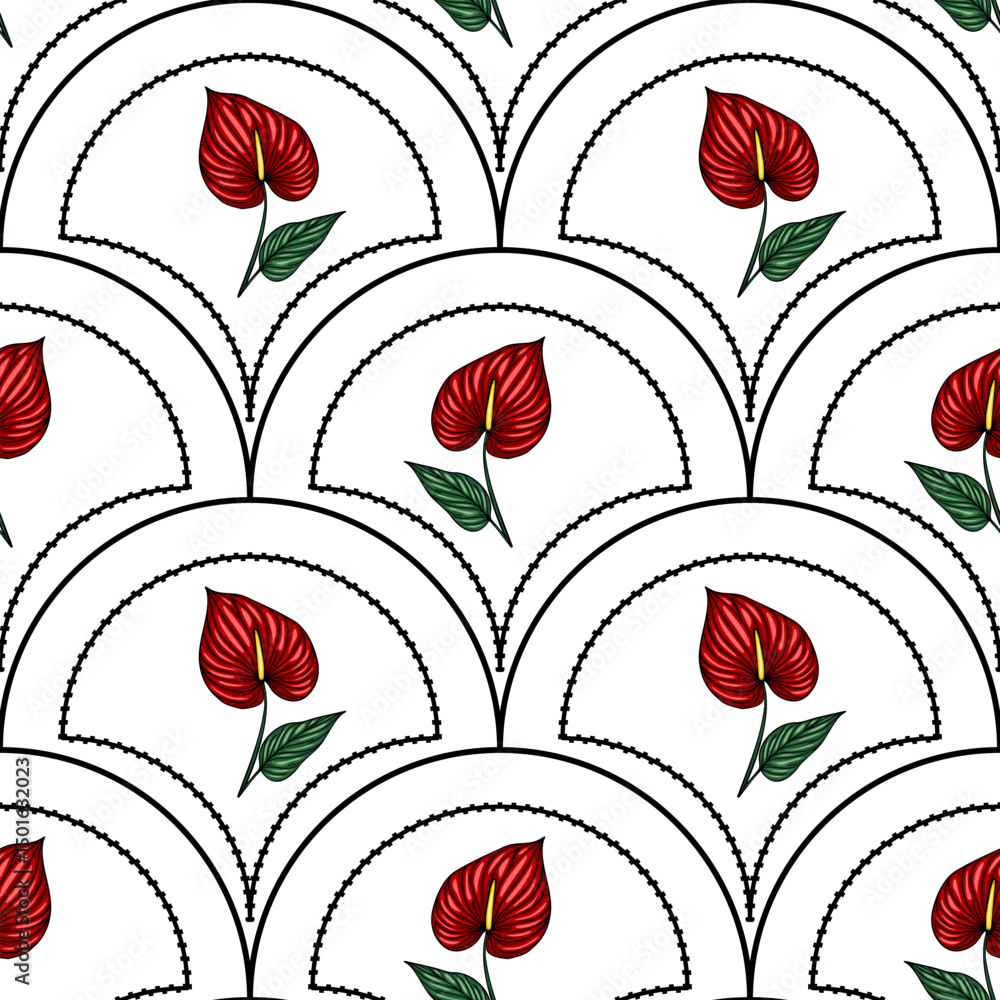 Poster seamless vector pattern with stylized anthurium flowers in red and green, arranged within a repeatin
