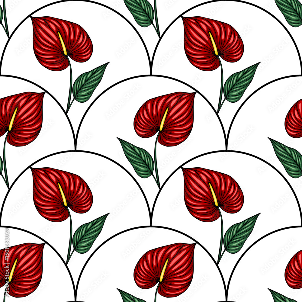 Poster seamless vector pattern with stylized red anthurium flowers and green leaves arranged in a unique ar