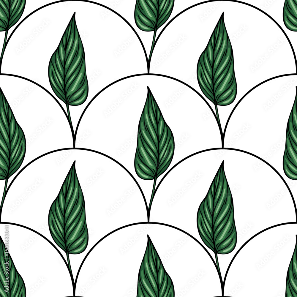Poster seamless vector pattern of stylized dark green leaves arranged in a unique arc-shaped composition on