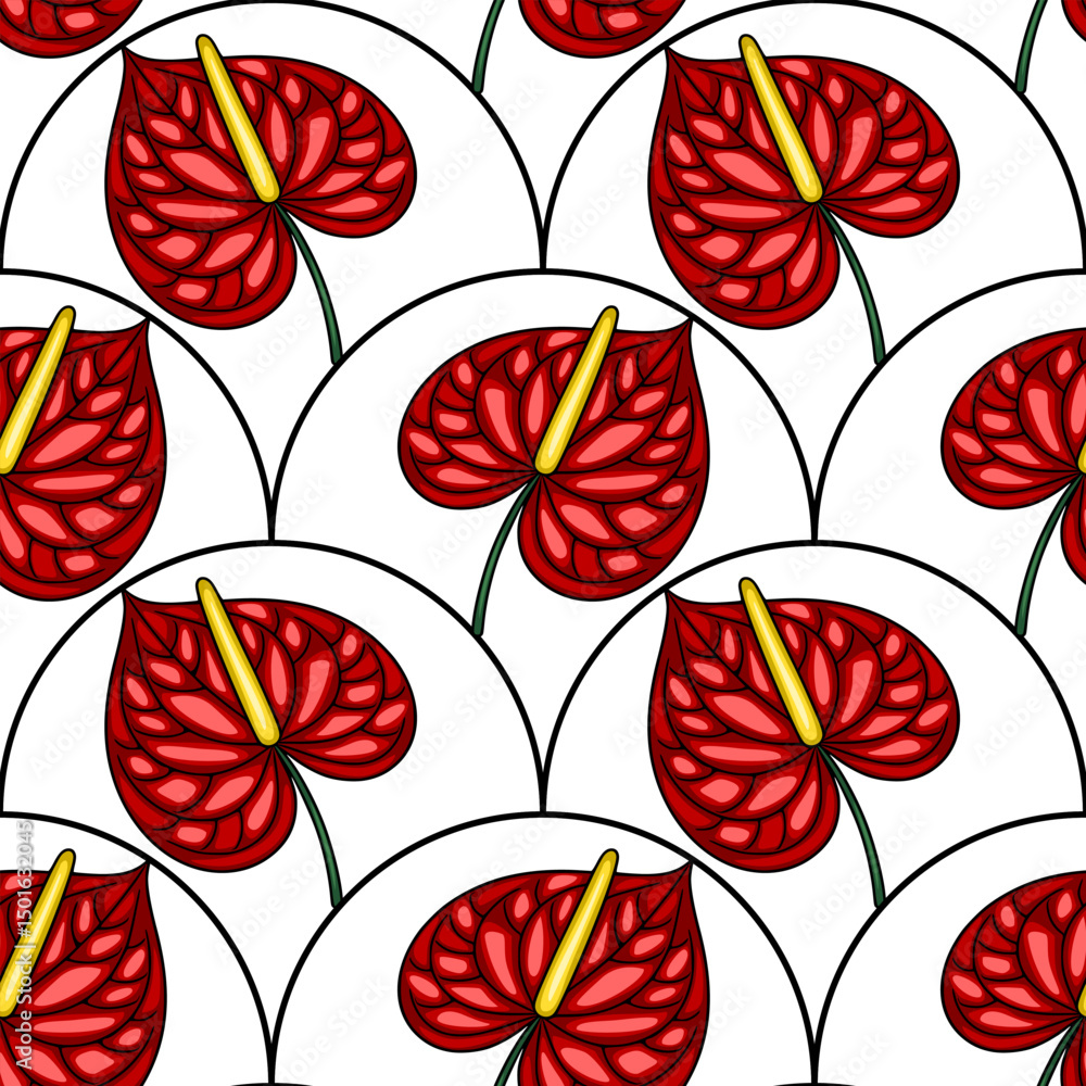 Poster seamless vector pattern of vibrant red anthurium flowers arranged in a unique, wave-like pattern on 