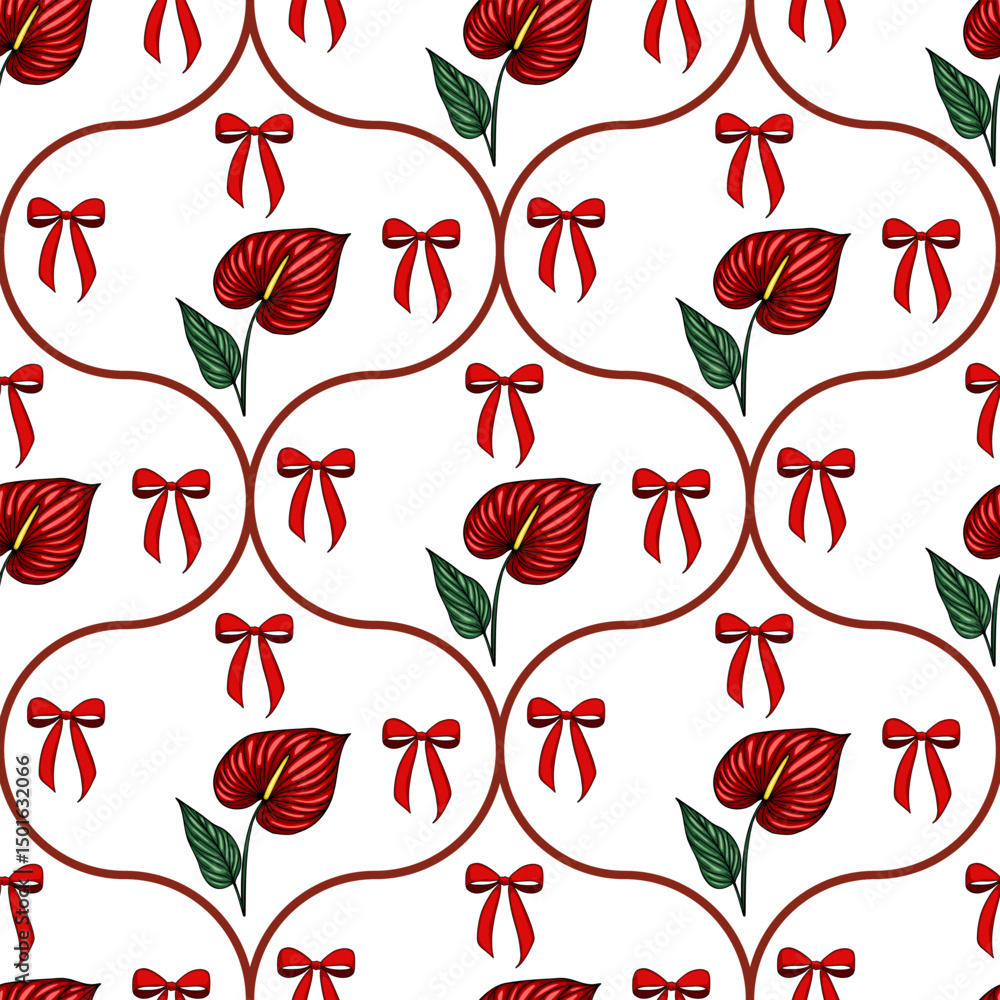 Poster seamless vector pattern with red anthurium flowers and bows on a white background, creating a festiv