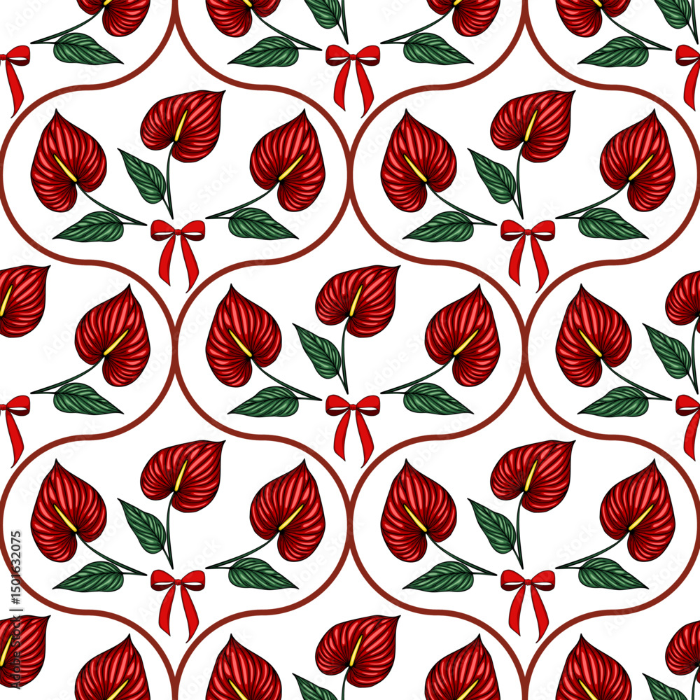 Poster seamless vector pattern of vibrant red anthurium flowers with red bows and brown curves on a white b