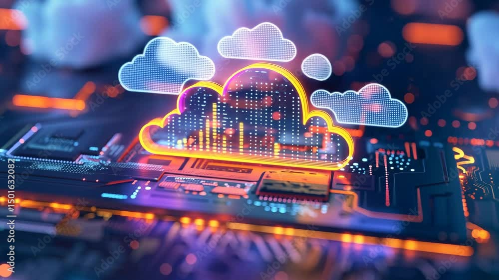 Poster a vibrant cloud icon on a digital circuit board representing cloud computing.