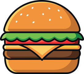 Delicious Cheeseburger with Lettuce, Tomato, Cheese, Beef Patty on a Sesame Seed Bun – Perfect Fast Food Icon for Menus, Advertisements, Cafes, Diners, Restaurants, Culinary Designs & Food Blogs