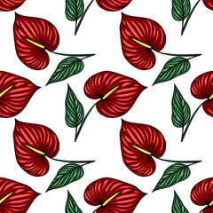 Seamless vector pattern of vibrant red Anthurium flowers and green leaves, a tropical botanical illustration perfect for textile design or summer-themed projects.
