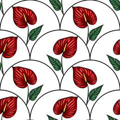 Fototapeta premium Seamless vector pattern with stylized red Anthurium flowers and green leaves arranged in a unique arc-shaped composition on a white background, creating a vibrant and elegant design.