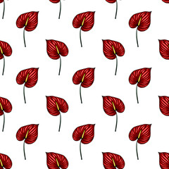 Seamless vector pattern of vibrant red Anthurium flowers, detailed botanical illustration with textured petals and a minimalist white background, ideal for textile prints and summer designs.