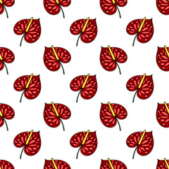 Seamless vector pattern of vibrant red Anthurium flowers with detailed texture and golden spadix, ideal for textile prints, wallpapers, and surface designs.