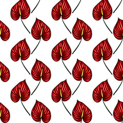 Seamless vector pattern of vibrant red Anthurium flowers, meticulously detailed with a hand-drawn style, creating a tropical and exotic feel, perfect for textile prints, wallpapers, and summer desi...