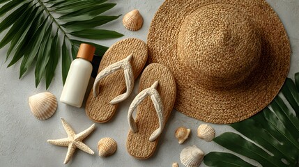 Summer vacation essentials flat lay showcasing sun hat flip flops sunscreen seas and tropical palm leaves on a neutral background.