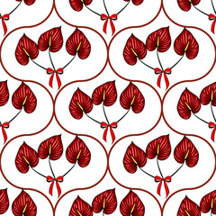 Seamless vector pattern of stylized anthurium flowers with red bows, arranged in elegant brown curves on a white background, creating a festive and sophisticated design.