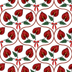 Obraz premium Seamless vector pattern of vibrant red Anthurium flowers with red bows and brown curves on a white background, creating a festive and elegant design.