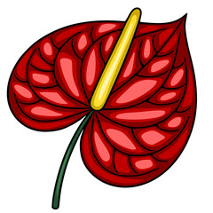 Vibrant vector illustration of a stylized Anthurium flower with a textured, heart-shaped petal and a bold yellow spadix, showcasing rich red and yellow hues.