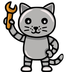 Adorable vector illustration of a cute robotic cat holding a wrench, showcasing a playful blend of animal and machine aesthetics, ideal for childrens products or tech-themed designs.
