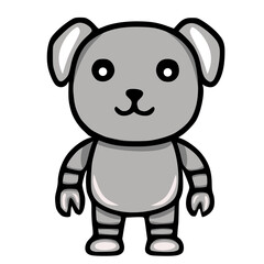 Adorable vector illustration of a cute robotic dog, featuring a simplistic design with grayscale tones and bold outlines, perfect for childrens products or playful branding.
