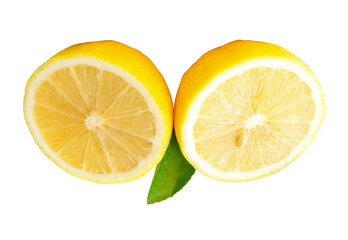 Yellow lemon fruits cut into two halves or pieces with green leaf in stack isolated on white...