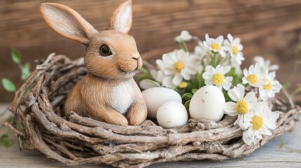 Easter Bunny Nestled in Rustic Spring Wreath with Daisies and Eggs