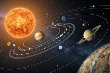 Solar system showing planets orbiting a bright sun illustration Ai generate.