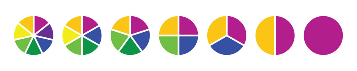 Pie chart set. Different color circles. Pie chart divided 1, 2, 3, 4, 5, 6, 7 equal parts. donut and pie chart infographic elements. Colorful diagram graphs. Circle section graph.