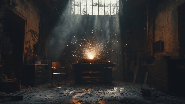 Intriguing sparks illuminating a workspace with vintage machinery in an old factory