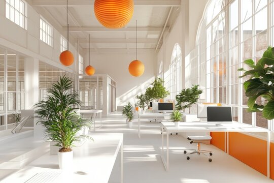 Bright, modern open-plan office space filled with natural light and plants