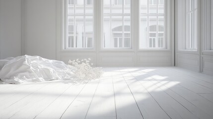 Fototapeta premium Sunlit white room with draped fabric and dried flowers on wooden floor