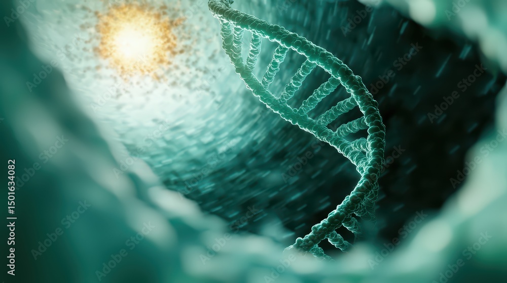 Poster close-up view of dna helix structure inside a cell with light rays in a scientific concept of geneti