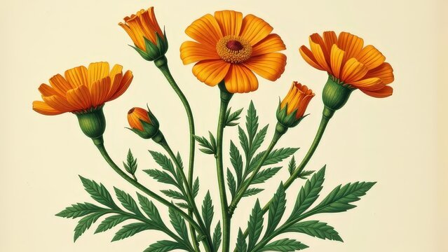 Vibrant orange flowers with green leaves on a cream background. medicinal herbs and traditional medicine