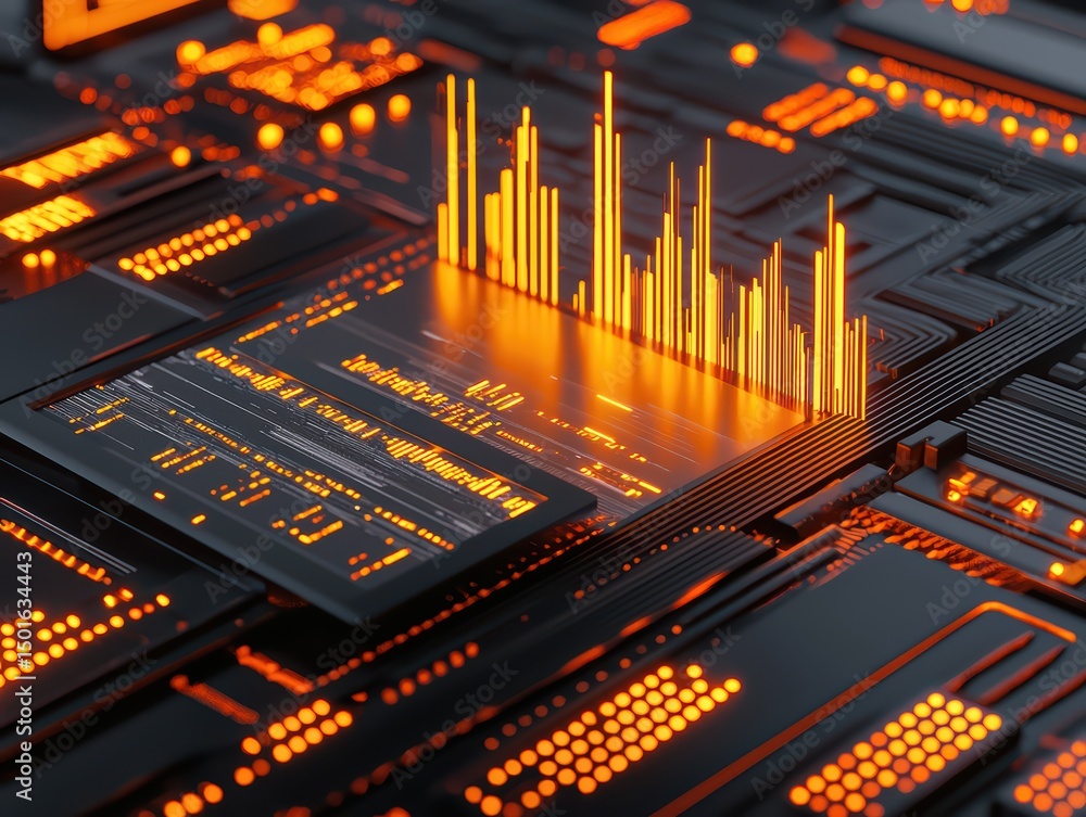 Poster futuristic technology interface with vibrant orange data visualization on black circuit board backgr