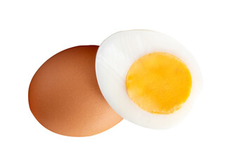 Front view of raw brown chicken egg and cooked or boiled chicken egg with egg yolk in half in small pile isolated on white background with clipping path