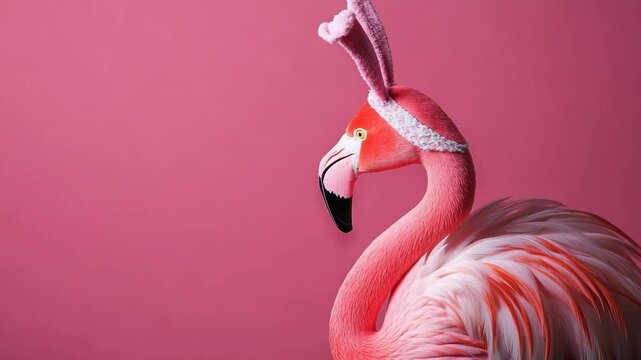 A whimsical flamingo wearing bunny ears against a vibrant pink backdrop.