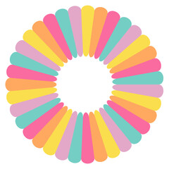 Obraz premium Сolorful rainbow round frame, text box, flower, chamomile petals in flat style. Hand drawn element for carnival, festival, kids birthday isolated on transparent background. Vector illustration EPS10