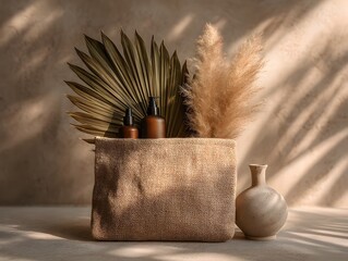 A stylish jute bag holds amber bottles of skincare products arranged with pampas grass and palm leaves against a textured wall.