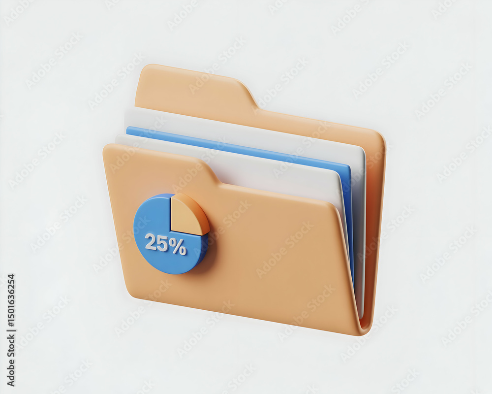 Poster 3d render of a file folder with a 25 percent progress pie chart