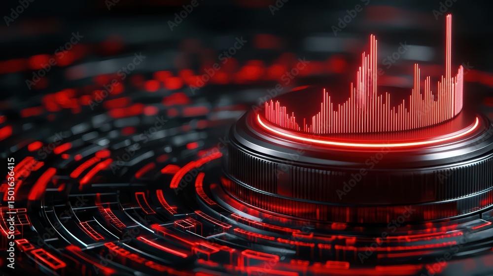 Poster dynamic audio visualization with red and black design featuring sound levels and modern digital elem