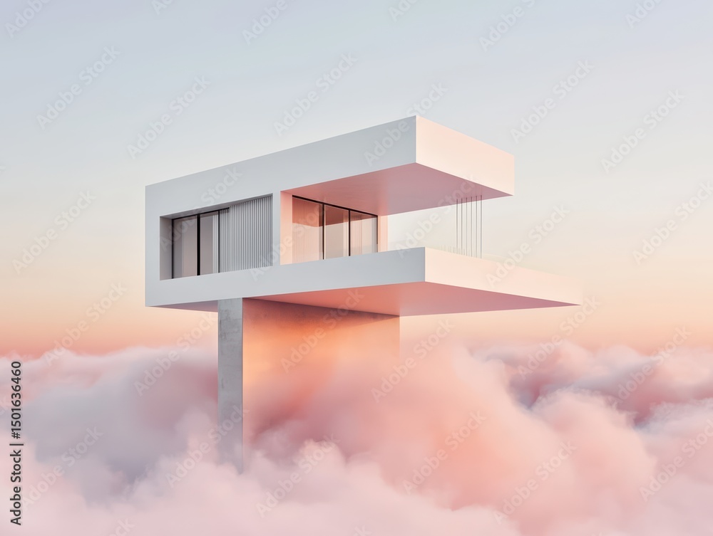 Poster modern architecture design featuring a floating building above clouds at sunrise with pastel sky col