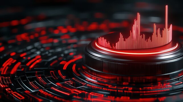 Dynamic Audio Visualization with Red and Black Design Featuring Sound Levels and Modern Digital Elements
