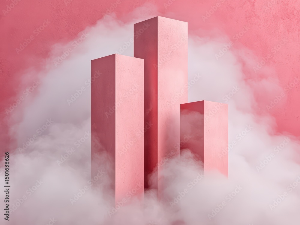 Poster abstract geometric shapes in soft pink tones emerging from a misty background creating a serene atmo