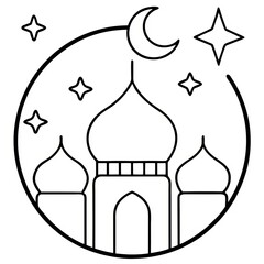 Mosque in Circle with Moon and Stars Coloring Page