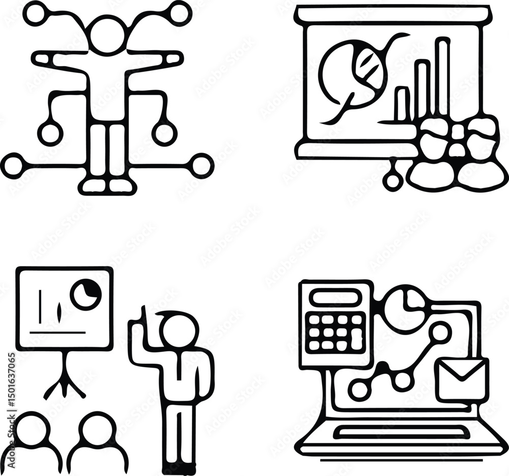 Poster iconic concepts of business and technology: a set of line-art icons, visually representing key theme