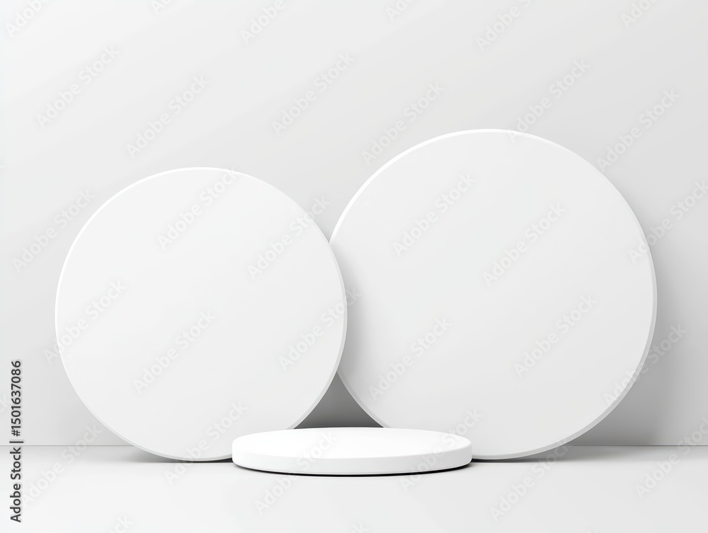 Poster minimalist display of round white platforms on soft grey background for product presentation and pho