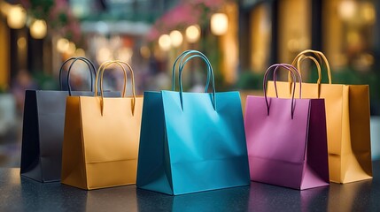 Colorful shopping bags with blank space in mall setting for Black Friday and Cyber Monday promotion