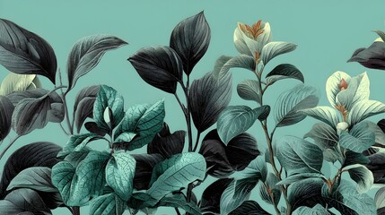 Fototapeta premium Lush teal and dark green tropical leaves and flowers create a vibrant botanical illustration perfect for textile design or wallpaper.