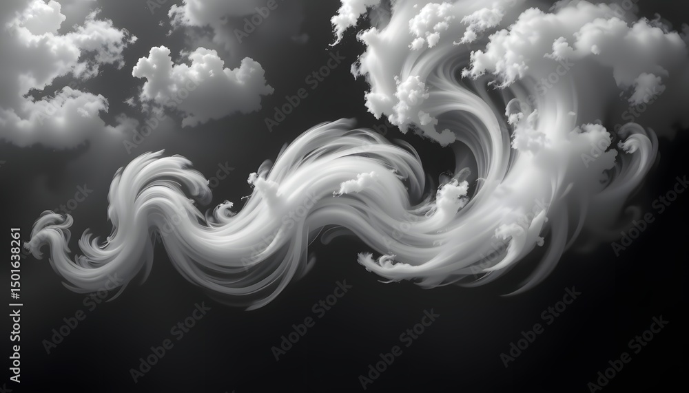Poster swirling cloudscape: abstract monochrome image of swirling clouds forming dynamic patterns against a